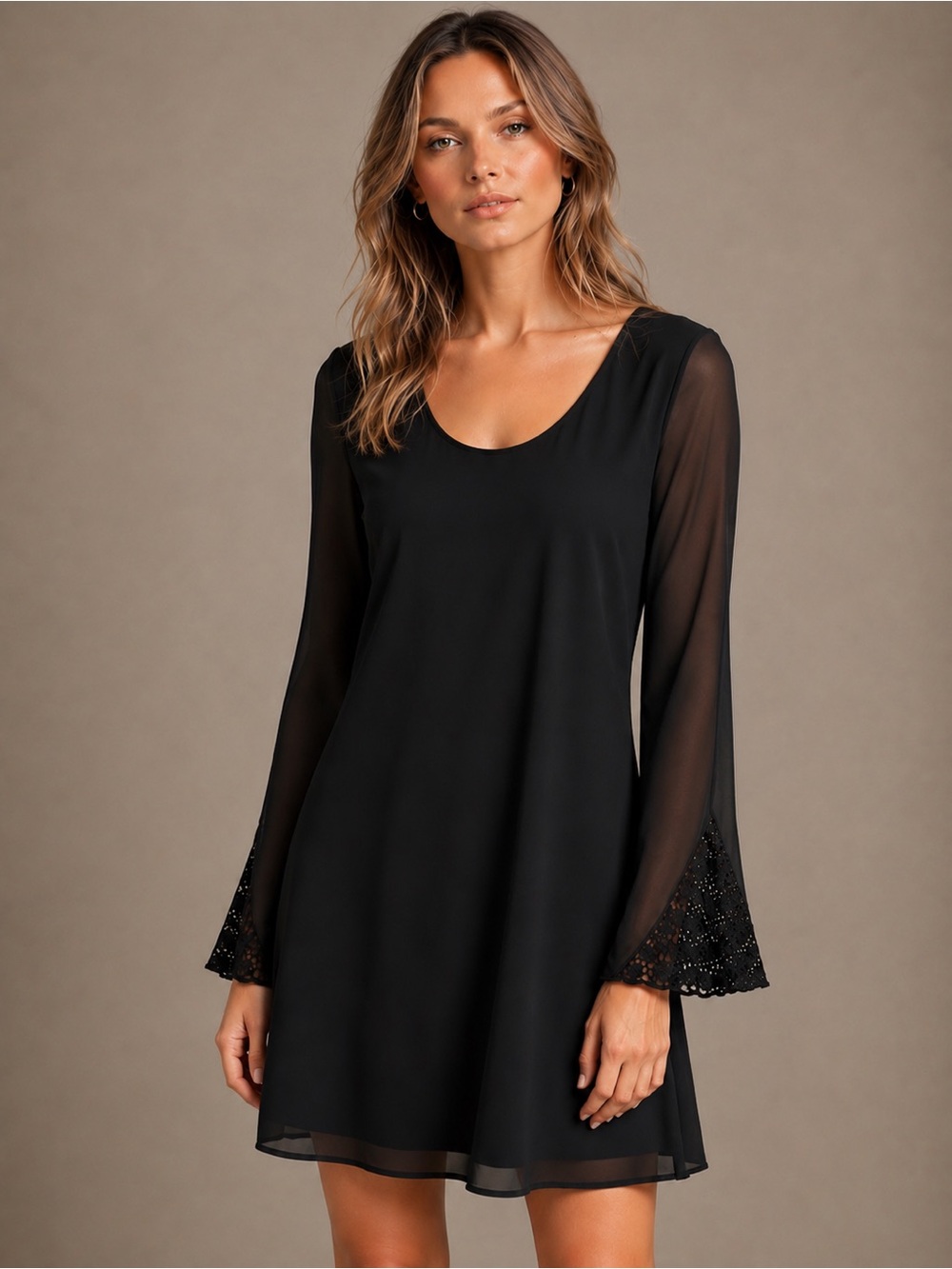 Black Long-Sleeve Scoop Neck Mini Dress with Lace Bell Cuffs